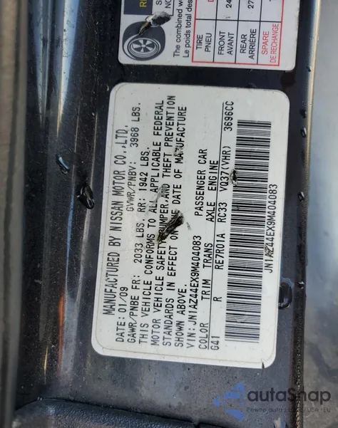 2009 Nissan 370Z z USA, uszkodzony, nr VIN JN1AZ44EX9M404083